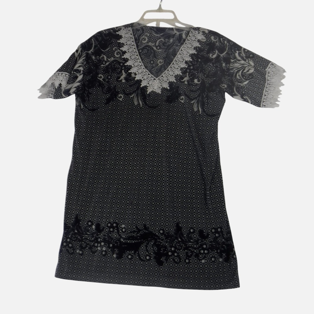 Womens Black White Floral Lace‎ Trim Short Sleeve V Neck Tunic/ Dress Size Large